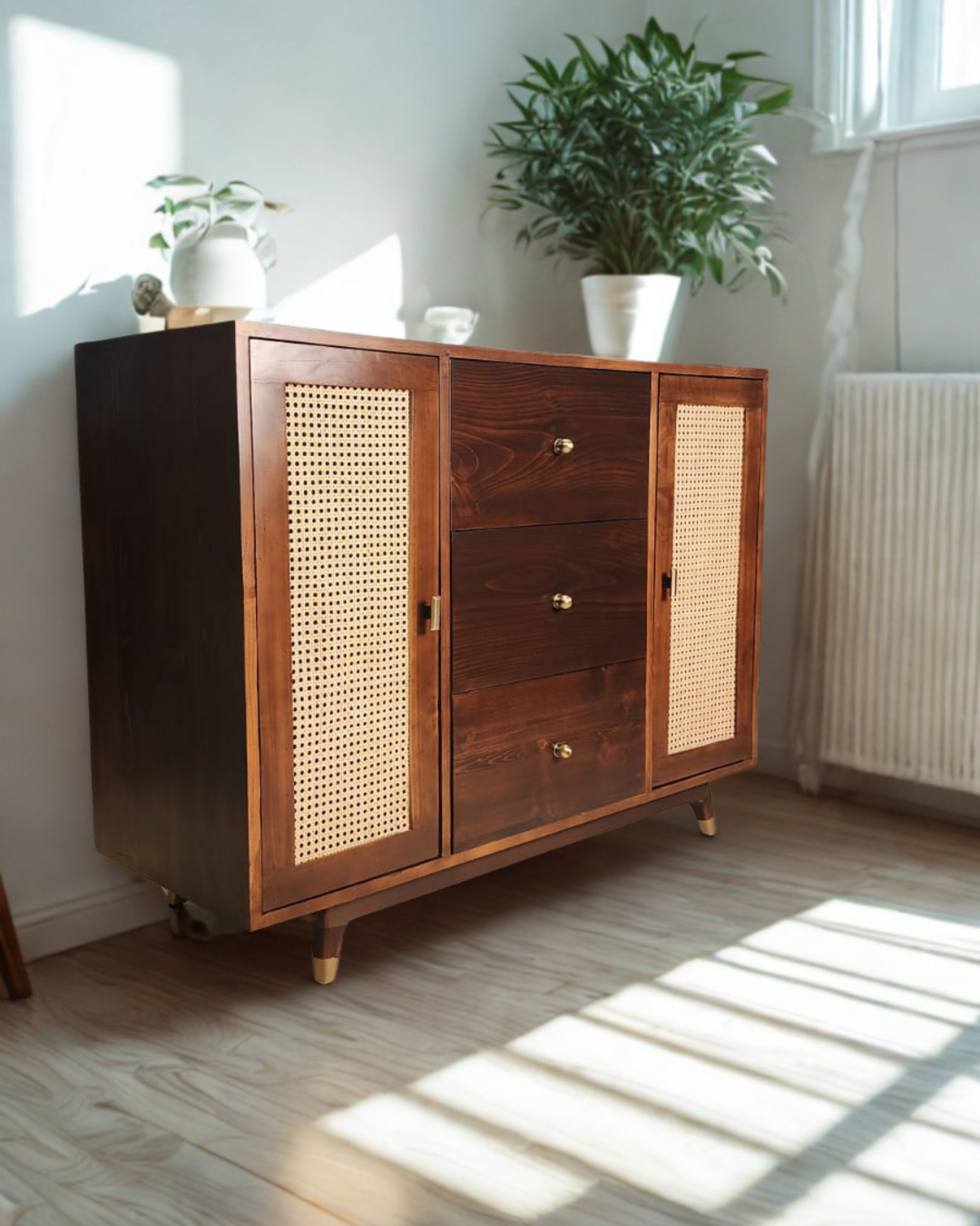 Solid Wood Storage Cabinet with Drawers &amp; Cane Doors