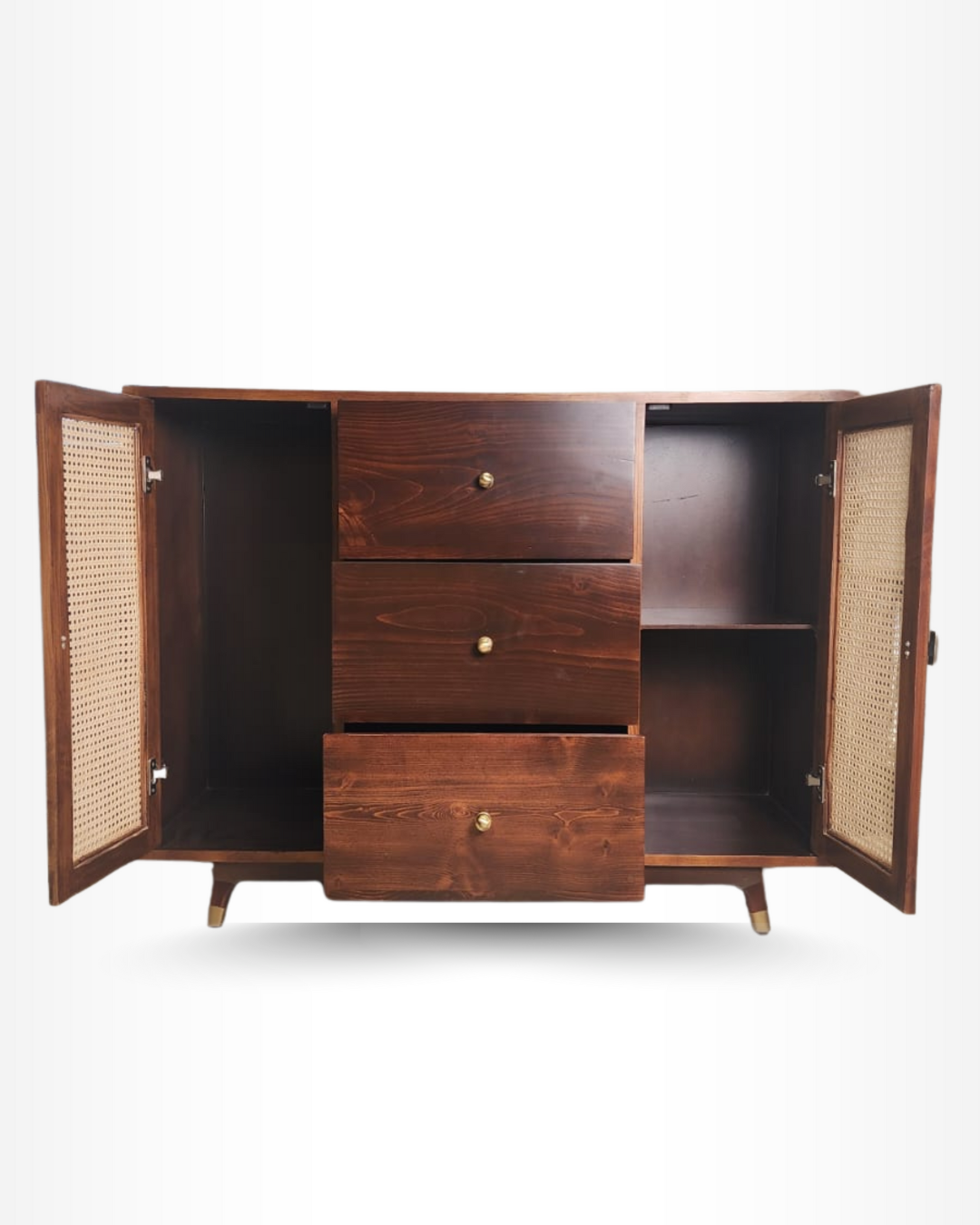 Solid Wood Storage Cabinet with Drawers &amp; Cane Doors