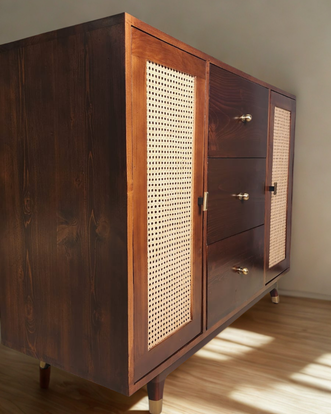 Solid Wood Storage Cabinet with Drawers &amp; Cane Doors