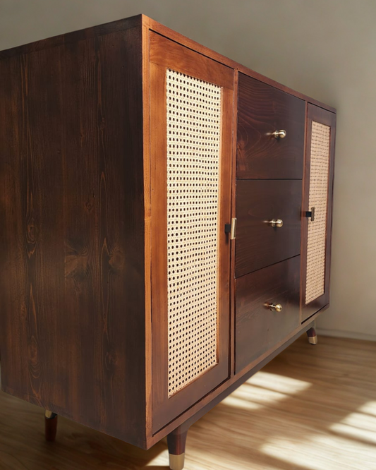 Solid Wood Storage Cabinet with Drawers &amp; Cane Doors