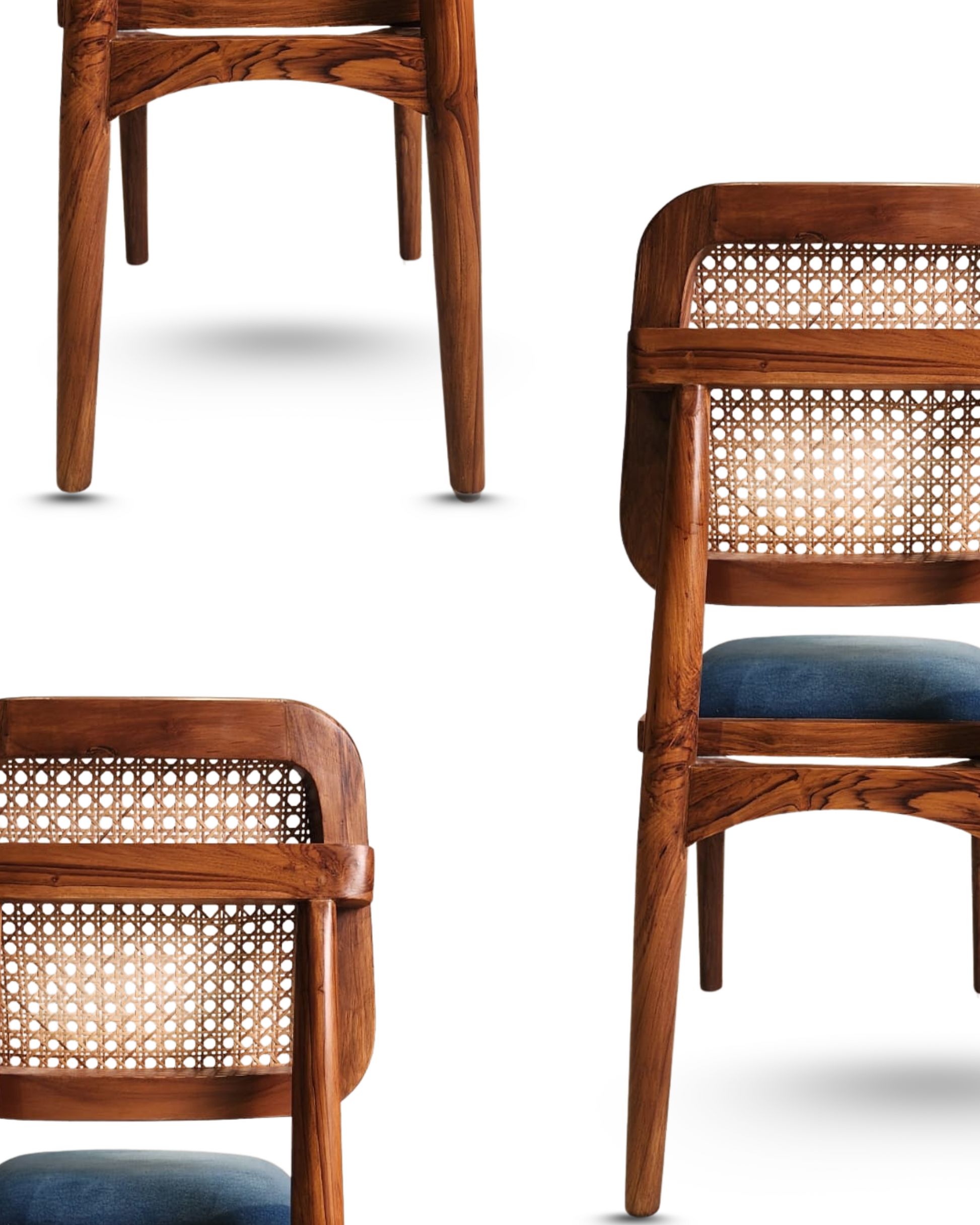 Wooden chairs with wicker backrests and blue cushioned seats on a white background