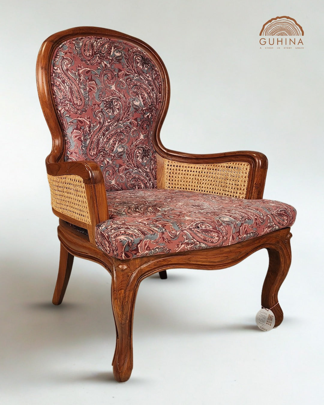 Vintage Wooden Armchair with Upholstered Seat &amp; Cane Backrest