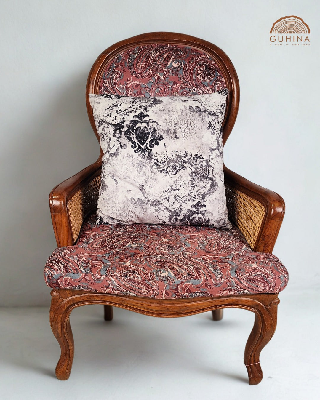 Vintage Wooden Armchair with Upholstered Seat &amp; Cane Backrest