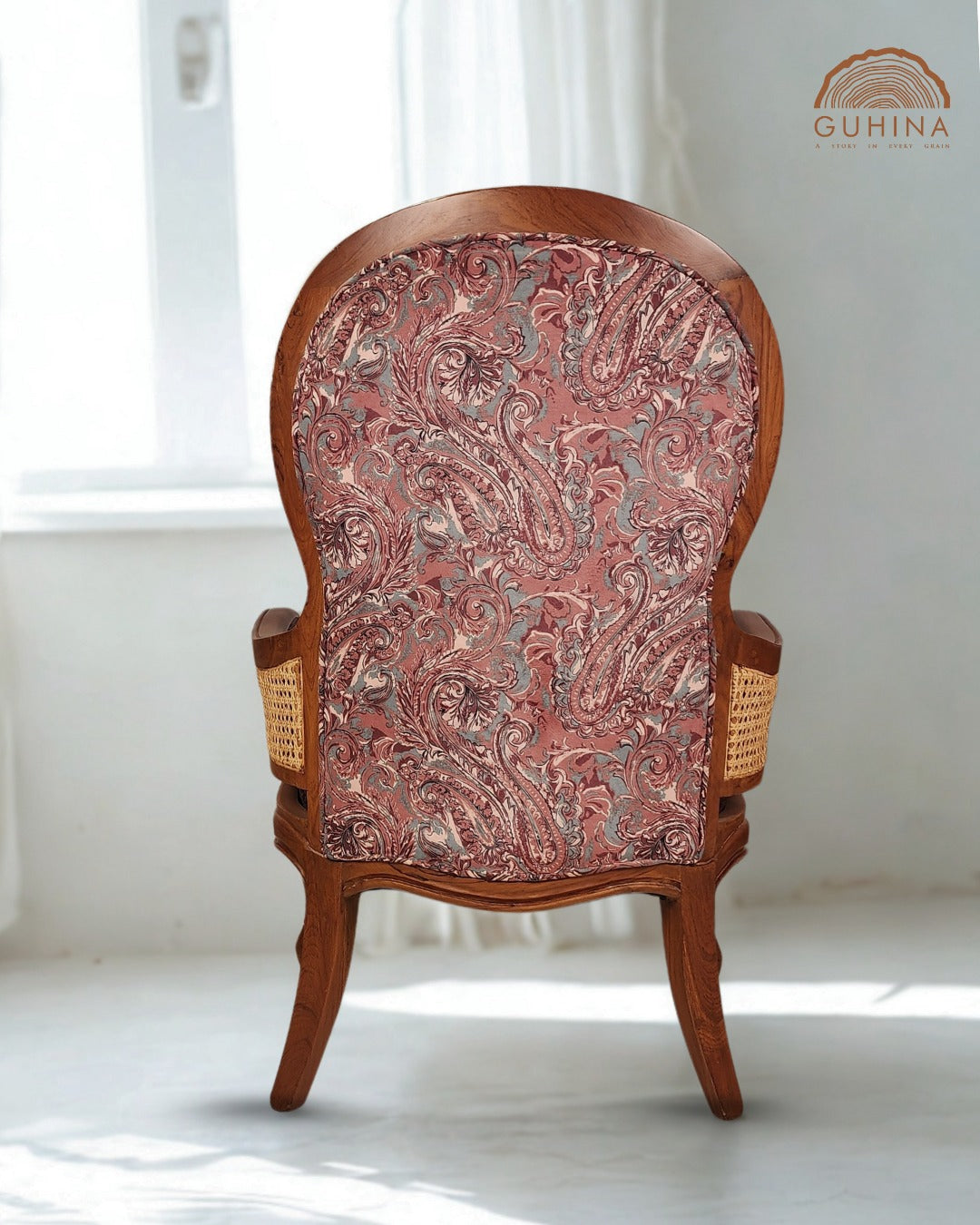 Vintage Wooden Armchair with Upholstered Seat &amp; Cane Backrest