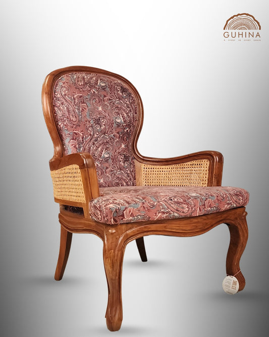 Vintage Wooden Armchair with Upholstered Seat &amp; Cane Backrest