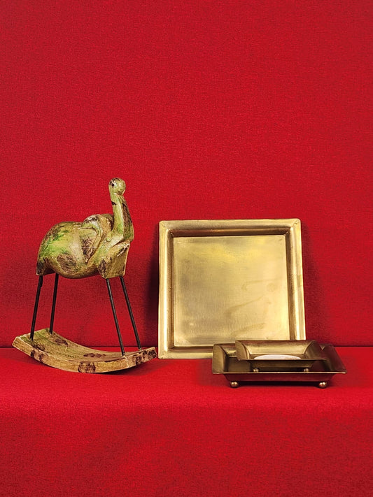 Handcrafted Wooden Rocking Elephant &amp; Brass Décor Tray Set