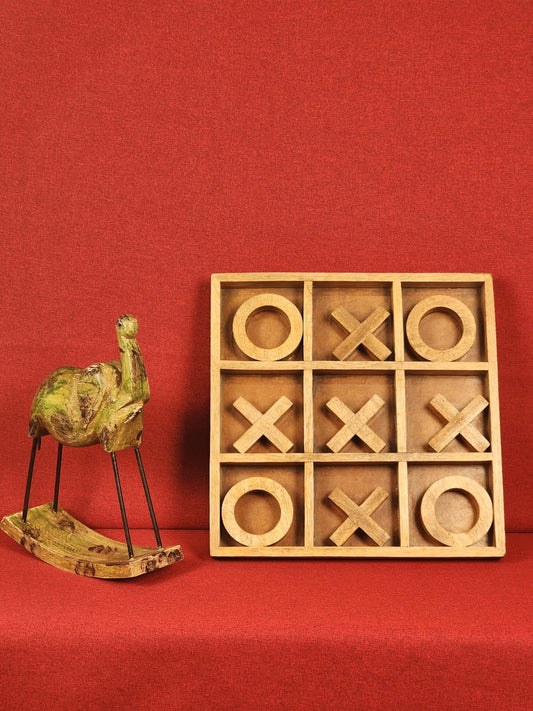 Wooden Tic Tac Toe Game with Handcrafted Rocking Elephant