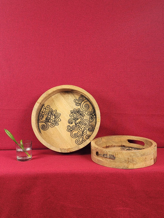 Wooden Serving Tray Set with Floral Carving
