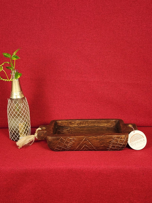 Handcrafted Wooden Serving Tray with Tribal Carving